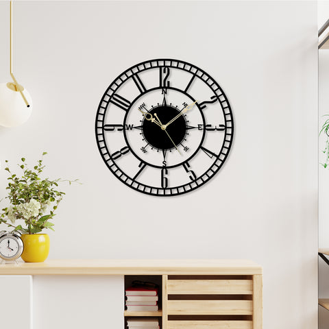 Direction Roman Design Metal Wall Clock with Prime Wood Frame - My Interior Factory
