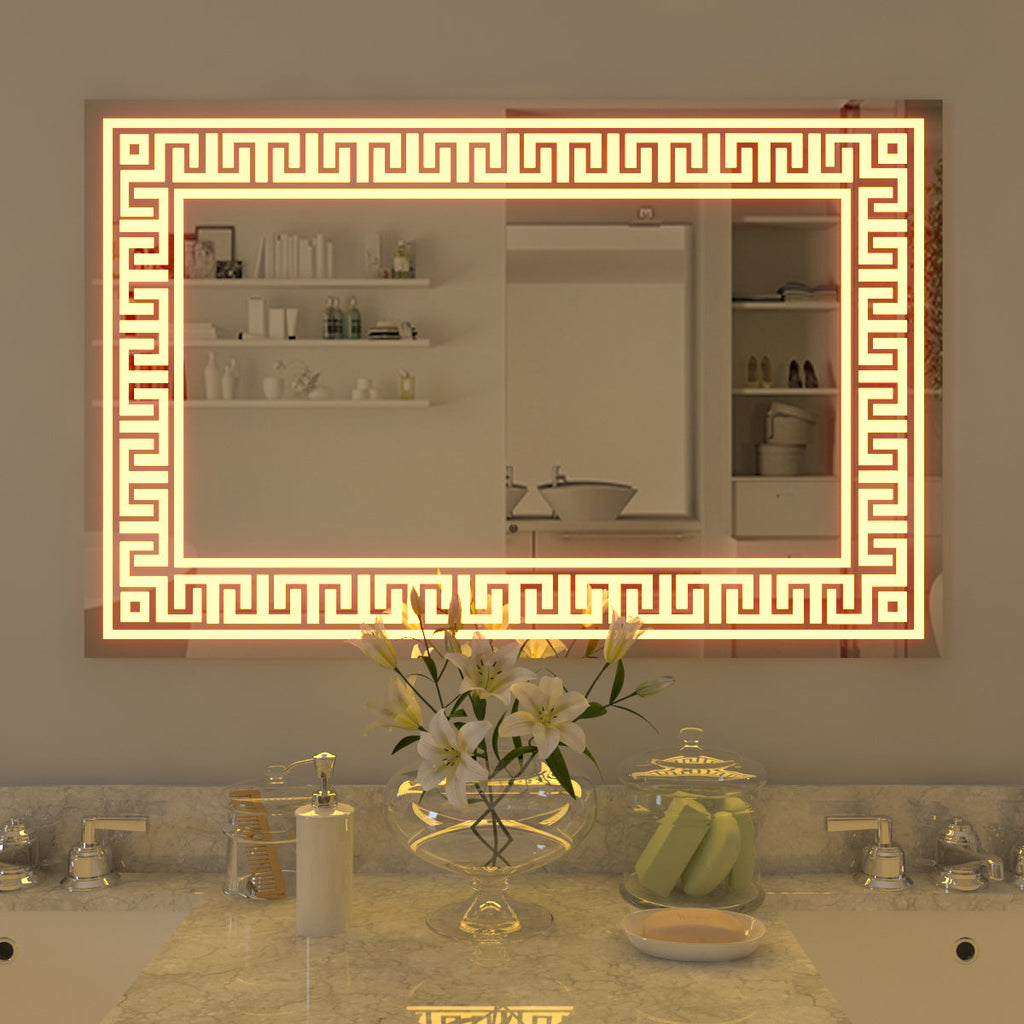 Greek Key Motif LED Rectangular Bathroom Mirror | Smart Touch Wall Mirror | My Interior Factory
