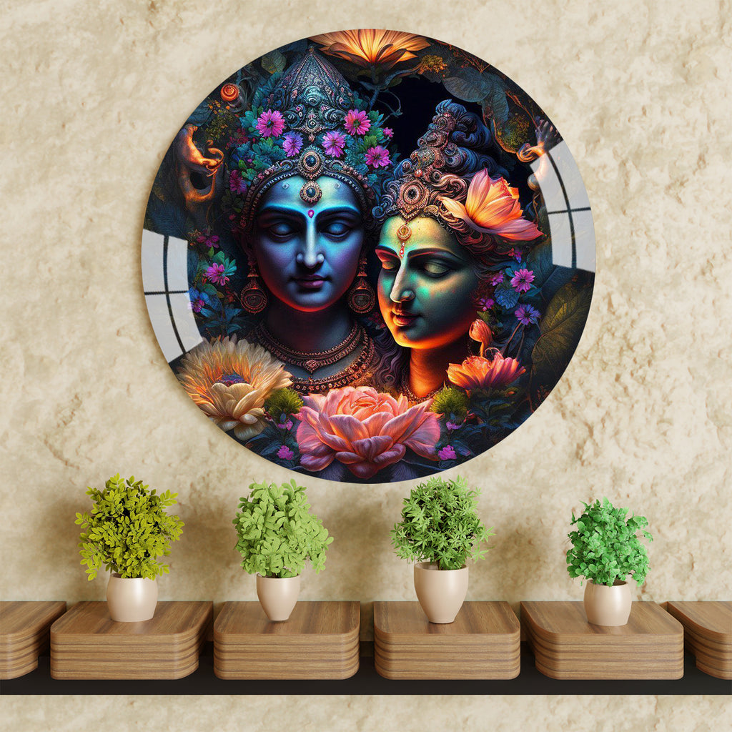 Mystical Radhe Krishna Round Colorful Acrylic Wall Art
