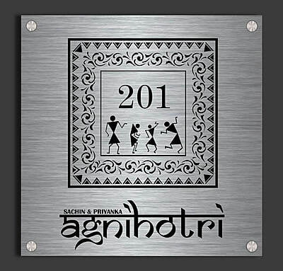 "Warli Art" Stainless Steel Nameplate with Traditional Indian Folk Art | My Interior Factory