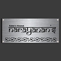 "Urban Upanishad" Custom Stainless Steel Nameplate with Decorative Flourish | My Interior Factory